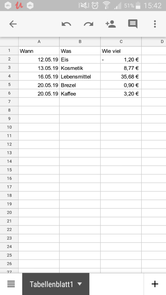 Screenshot Tabelle Buchhaltung für deine Schuldenrückzahlung